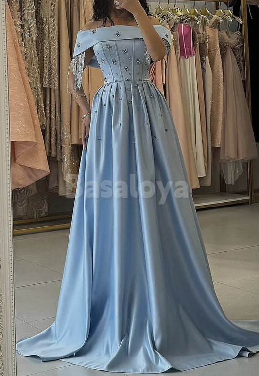 ED0061 Luxury Blue Crystal Off-Shoulder A-Line Evening Gown with Tassels