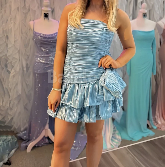HM0043 Gorgeous Blue Strapless Bodycon Tiered Homecoming Gown with Bow