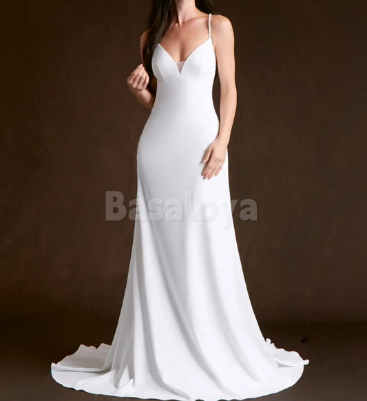 WD0112 Classic White Spaghetti Straps V-Neck Sheath Wedding Dress with Train