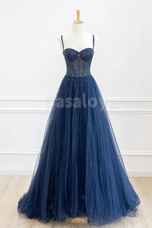 SP0184 Luxury Navy Beaded A-Line Sweetheart Pleats Prom Dress Party Gown