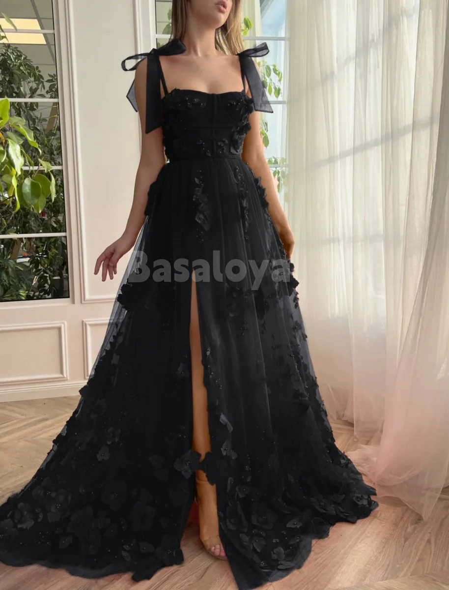 SP0155 Elegant 3D Floral Red A-Line Side Slit Prom Dress Party Gown with Bows