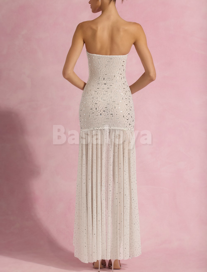 SP0298 Luxury Mirror Diamond Yellow Strapless Maxi Gown Prom Dress with Slit