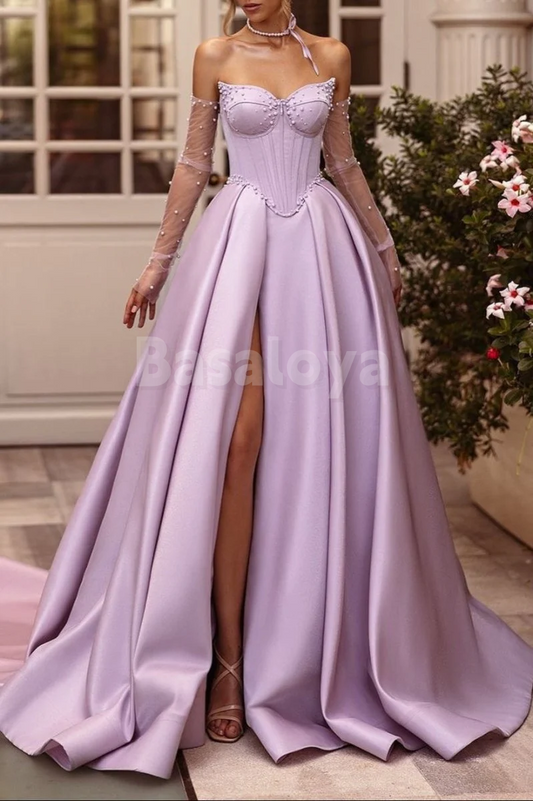 SP0144 Elegant Pearls Lilac Long Sleeves A-Line Prom Dress with Slit