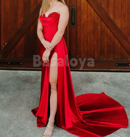 SP0178 Elegant Navy Sweetheart Sheath Pleats Prom Formal Dress with Slit