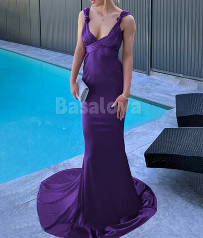 SP0164 Graceful Purple V-Neck Sheath Bow Prom Party Dress with Train