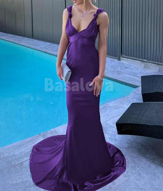 SP0164 Graceful Purple V-Neck Sheath Bow Prom Party Dress with Train