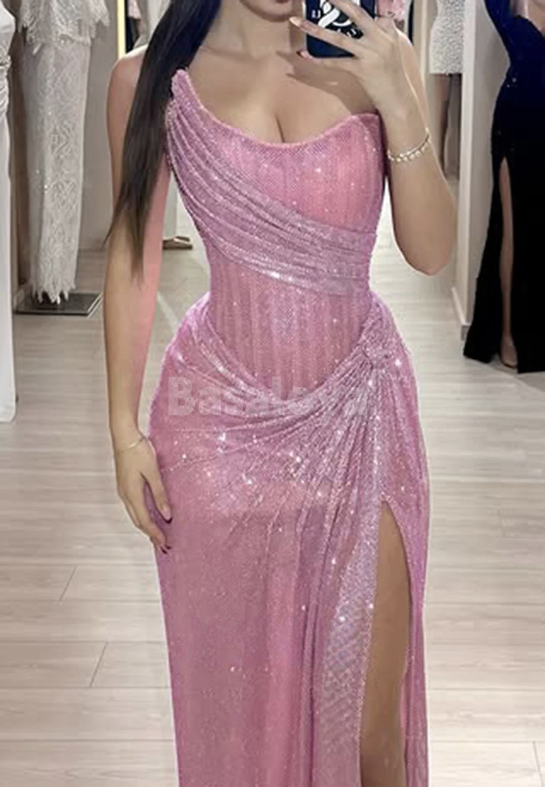 SP0090 Stunning Pink Strapless Sheath Glitter Knit Prom Dress with Slit