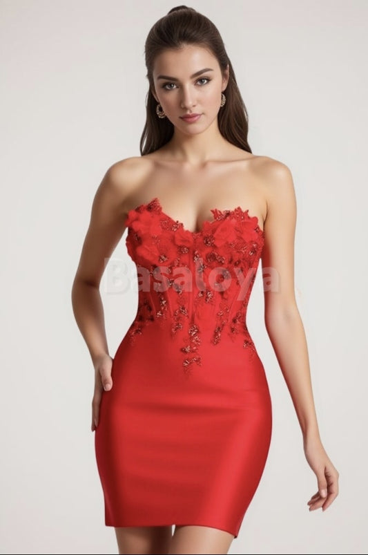 HM0023 Luxury 3D Floral Red Sweetheart Bodycon Mini Homecoming Gown