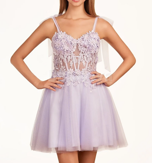 HM0035 Elegant Lavender 3D Floral A-Line Sweetheart Homecoming Dress
