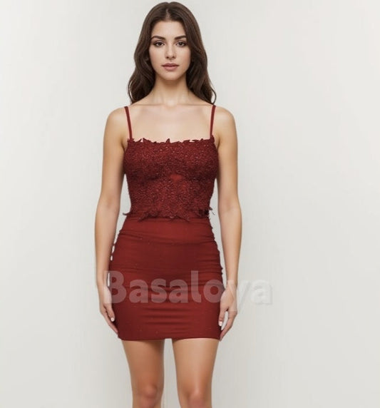 HM0060 Elegant Burgundy Bodycon Applique Homecoming Dress with Beaded