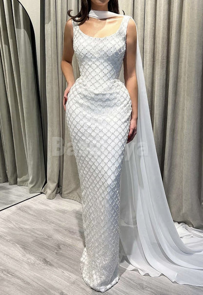 ED0059 Elegant White Pearls Scoop Neck Beaded Evening Gown with Scarf