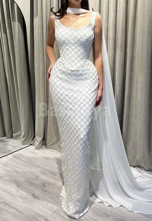 ED0059 Elegant White Pearls Scoop Neck Beaded Evening Gown with Scarf