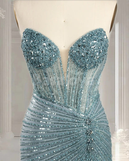 ED0036 Sparkly Lake Blue Beaded Sweetheart Sheath Sequined Evening Dress