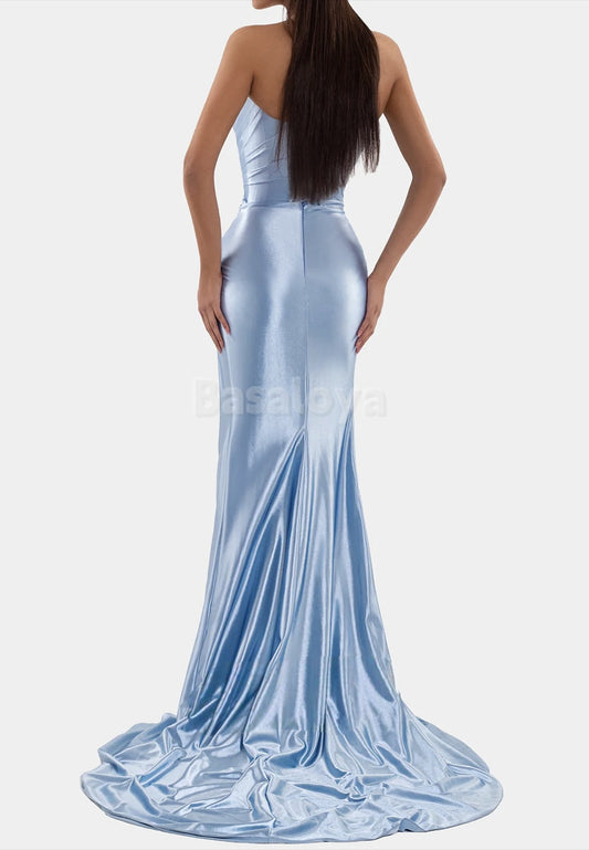 SP0088 Glamorous Blue Asymmetrical Neck Sheath Beaded Prom Dress with Slit