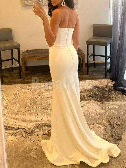 SP0207 Graceful White V-Neck Bodycon Beaded Satin Prom Dress with Slit