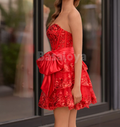 HM0003 Luxury Corset Red Sequin Appliques Short Party Dress with Bow