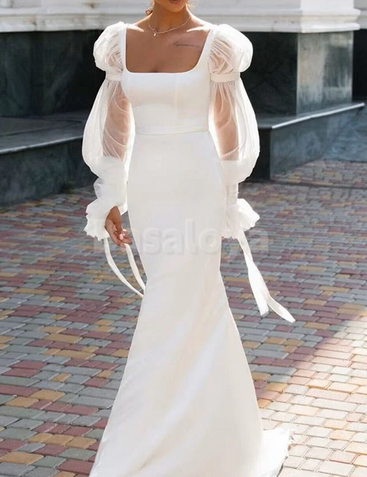 WD0055 Elegant Long Puff Sleeves Mermaid Long Wedding Dress Bridal Gown