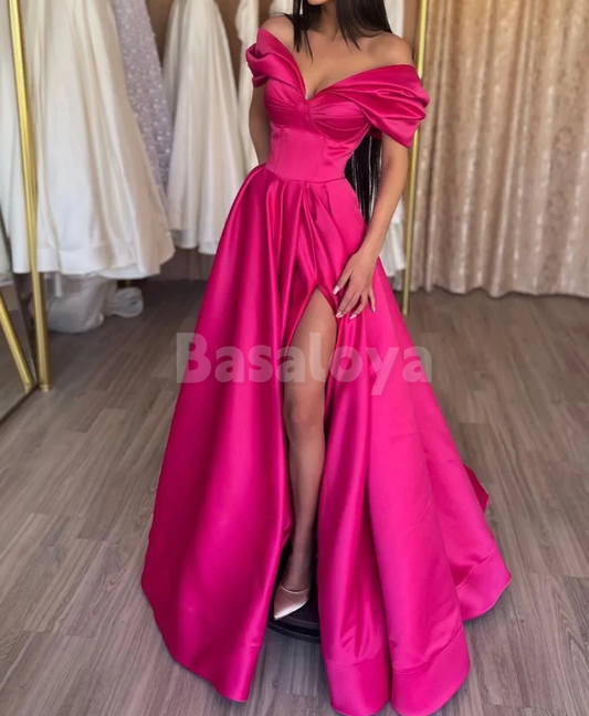 SP0202 Classic Fuchsia Off Shoulder A-Line Satin Prom Party Dress with Slit