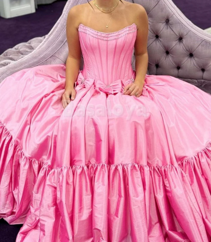 SP0172 Elegant Fuchsia Beaded Strapless A-Line Ball Gown with Bow Prom Dress