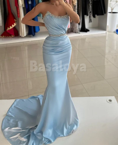 SP0140 Luxury Beaded Strapless Mermaid Pleats Prom Dress with Train