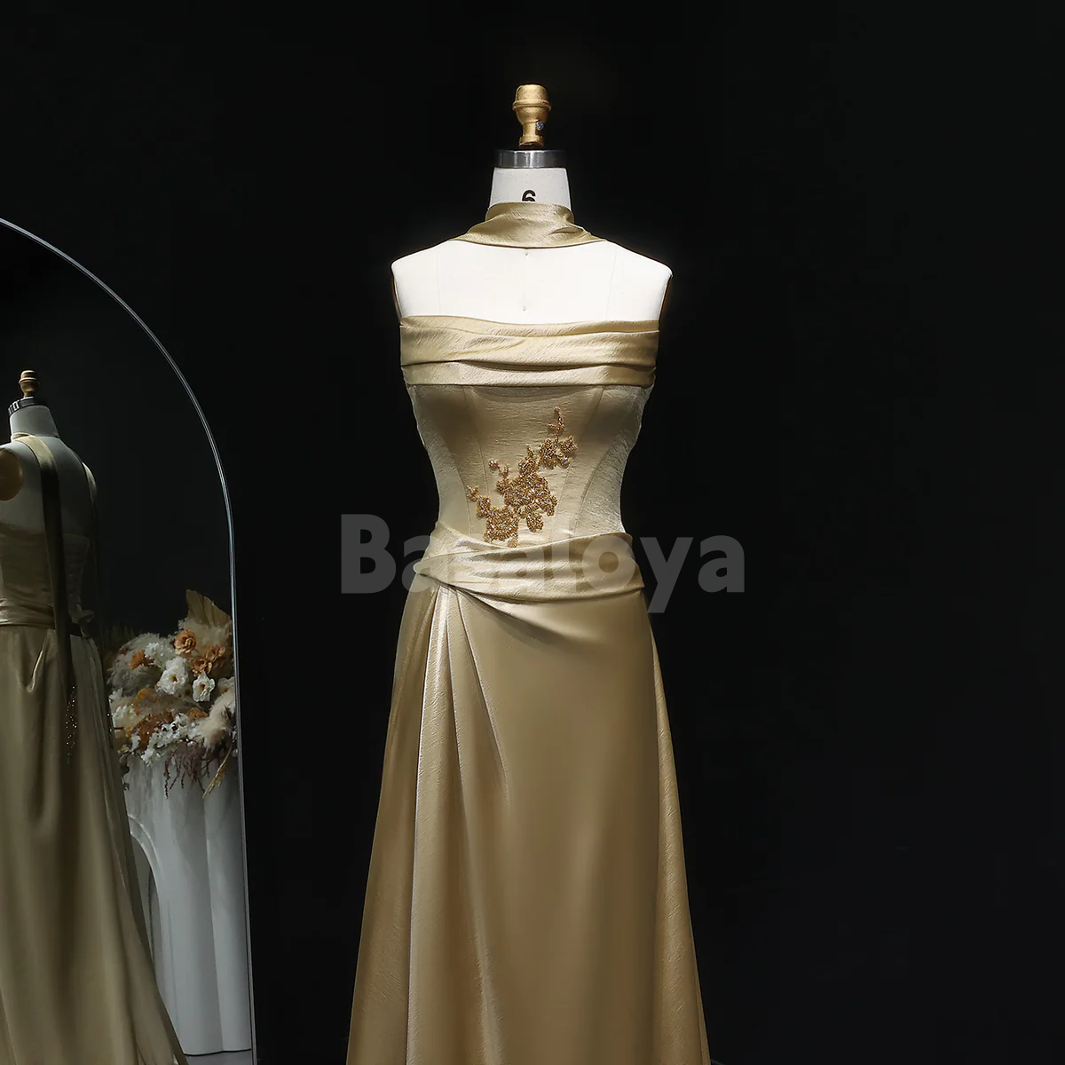 SP0288 Luxury Beaded Champagne Strapless Straight Prom Dress with Pleats