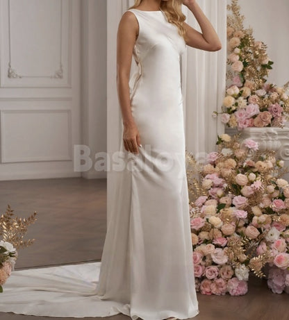 WD0036 Simple Scoop Neck Sheath Backless Wedding Dress with Train