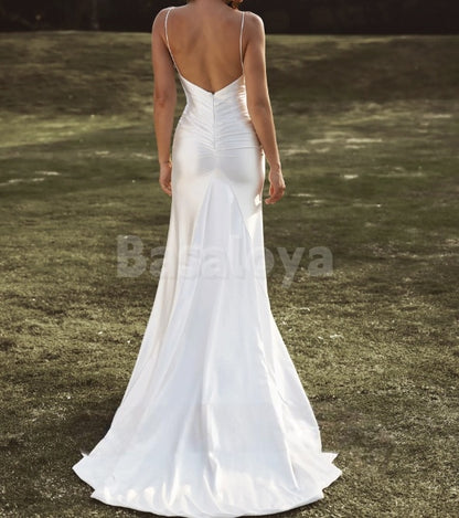WD0038 Elegant V-Neck Mermaid Side Slit Satin Bridal Wedding Dress with Train