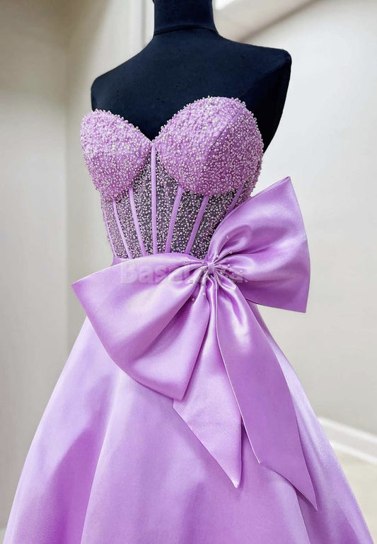 SP0091 Graceful Pearls Lilac A-Line Sweetheart Prom Dress with Bow