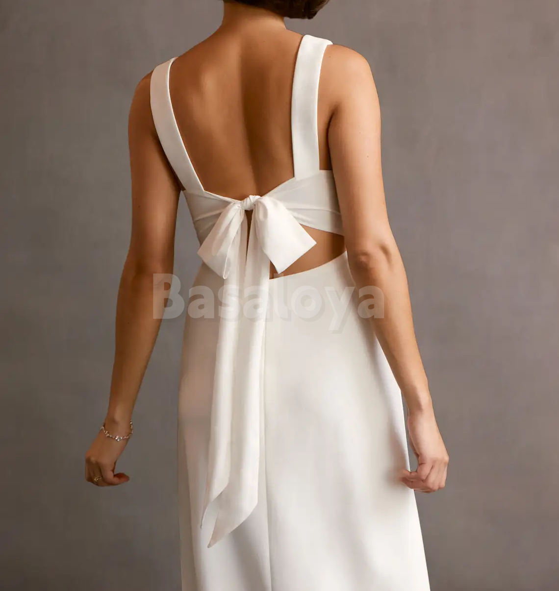 WD0115 Classic V-Neck Straight Midi Bow Wedding Dress with Slit Boho Gown