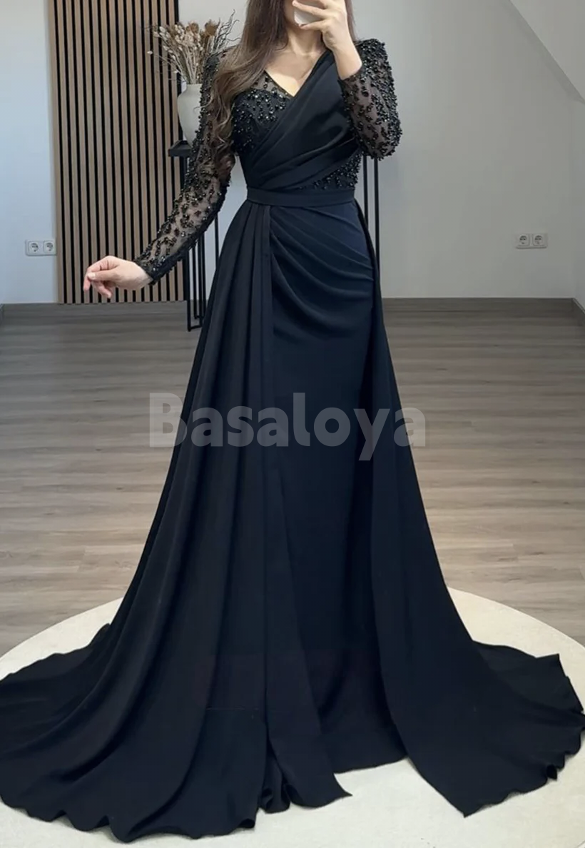 ED0066 Luxury Pearls Navy V-Neck Long Sleeves Evening Gown with Overskirt
