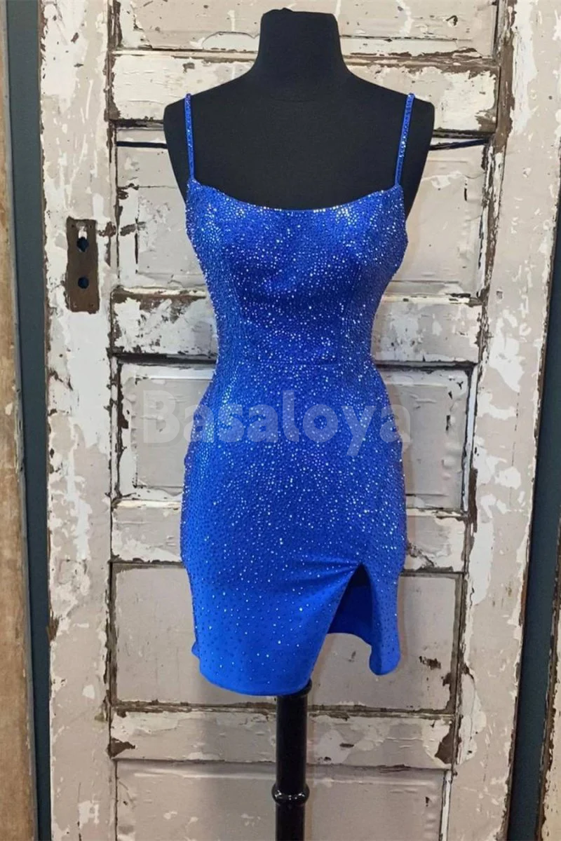 HM0146 Sparkly Beaded Sky Blue Bodycon Short Homecoming Gowns