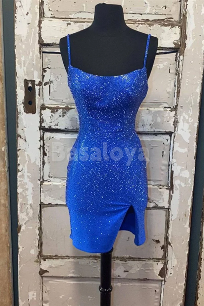 HM0146 Sparkly Beaded Sky Blue Bodycon Short Homecoming Gowns