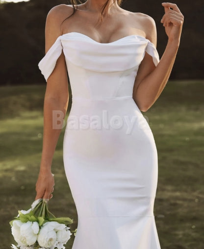WD0031 Elegant White Off-Shoulder Mermaid Satin Wedding Dress with Train