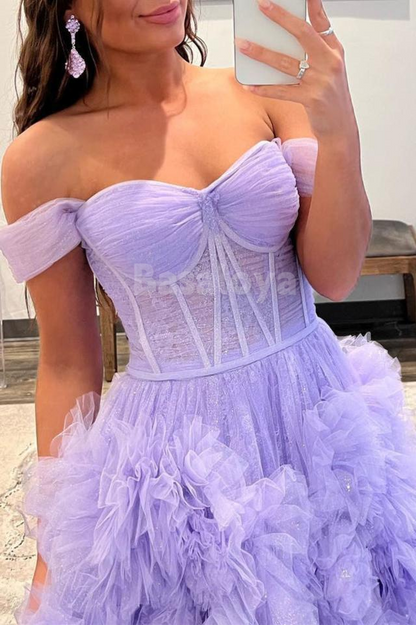 SP0193 Glamorous White Off-Shoulder A-Line Tiered Ball Gown Prom Dress
