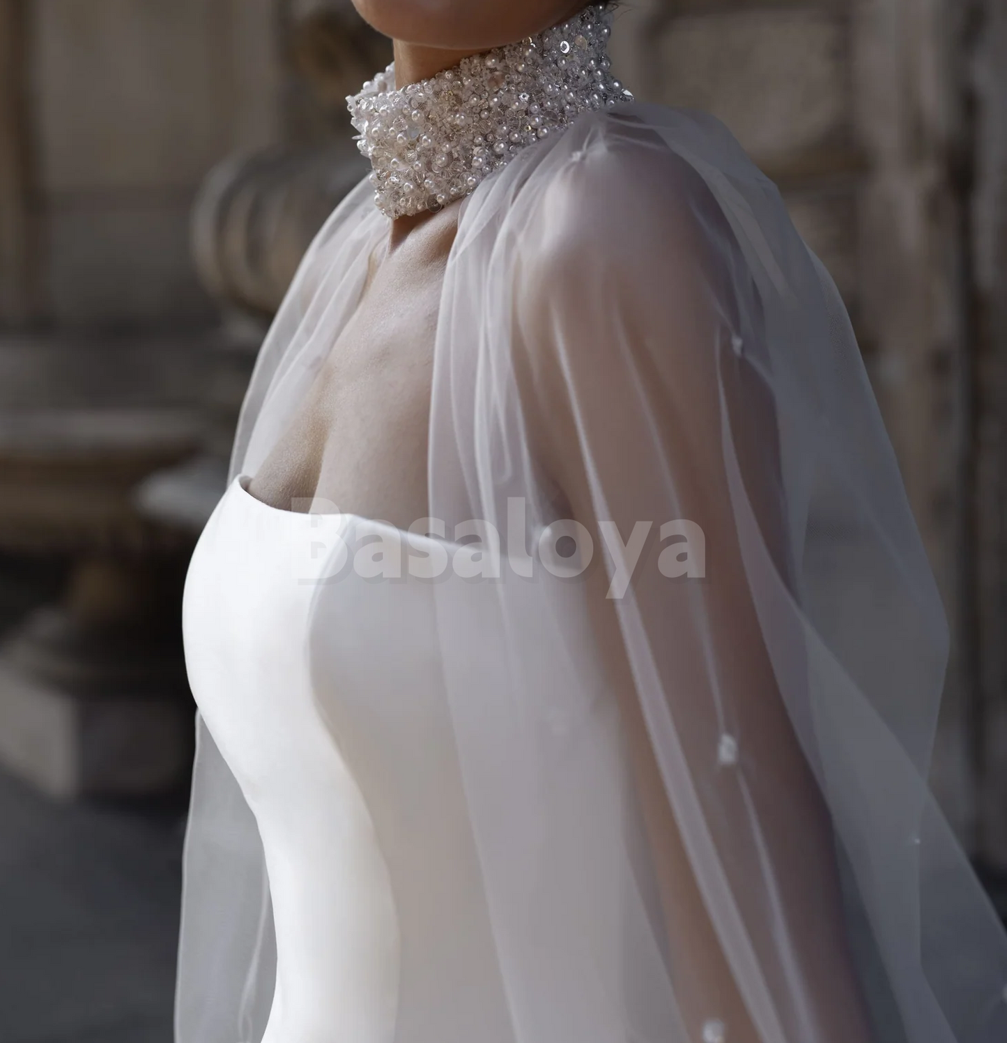 WD0190 Luxury Pearls Long Sleeves Strapless A-Line Pleated Wedding Gown
