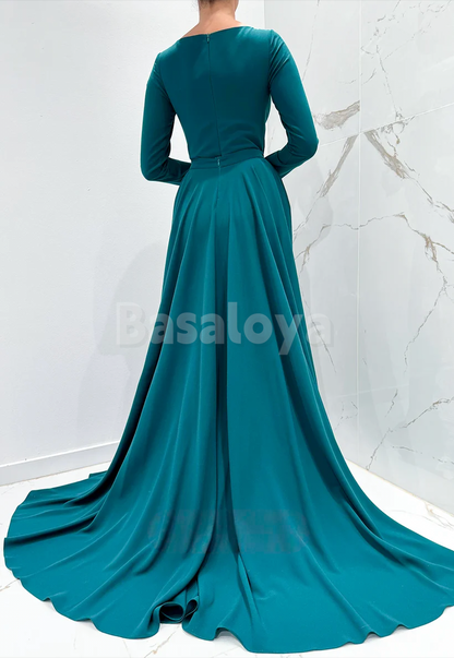 ED0053 Graceful Peacock Square Neck Long Sleeves Evening Dress with Overskirt