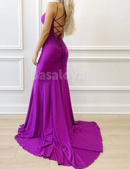 SP0161 Elegant Royal Blue V-Neck Mermaid Prom Dress Party Gown with Train