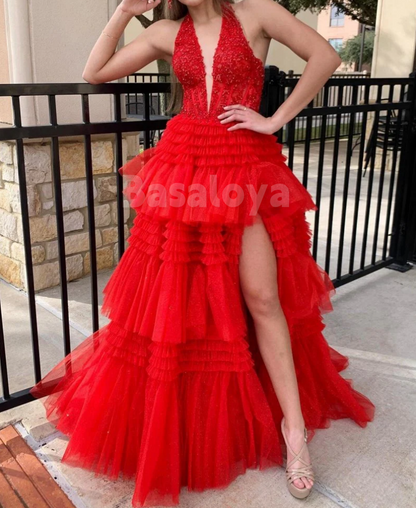 SP0160 Luxury White Halter V-Neck A-Line Appliques Ball Gown Prom Dress
