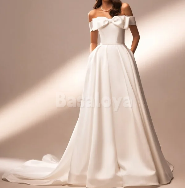 WD0176 Elegant Off-Shoulder A-Line Bow Long Wedding Dress with Pockets
