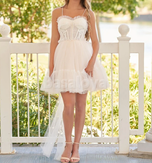 HM0108 Elegant White Spaghetti Straps A-Line Homecoming Dress with Applique