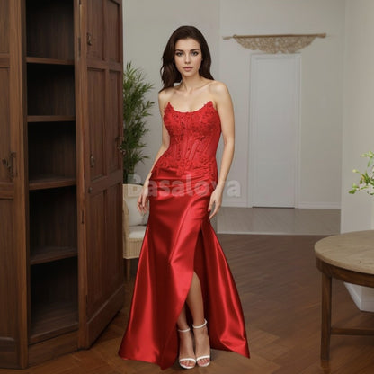 SP0040 Chic Red Strapless Sheath Satin Prom Dress with Appliques