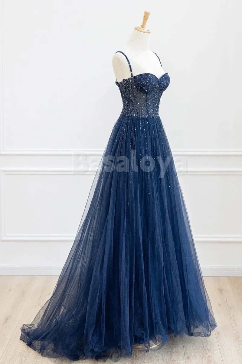 SP0184 Luxury Navy Beaded A-Line Sweetheart Pleats Prom Dress Party Gown
