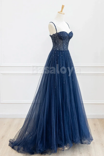 SP0184 Luxury Navy Beaded A-Line Sweetheart Pleats Prom Dress Party Gown