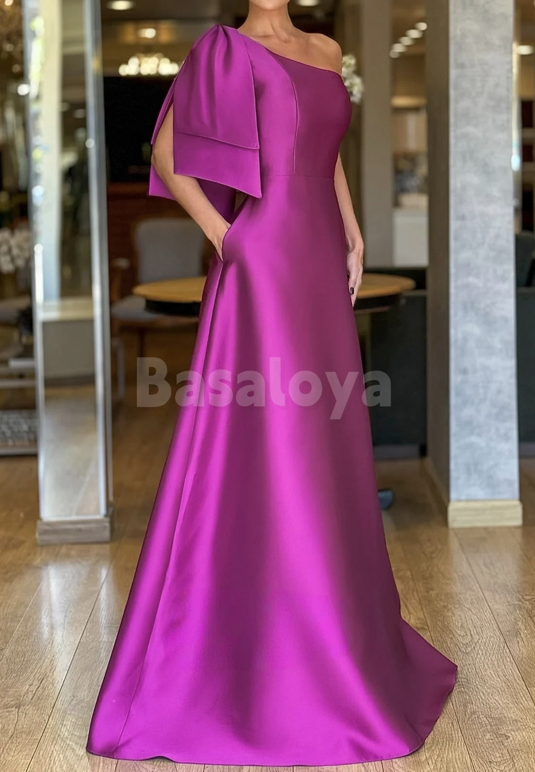 ED0063 Classic Red One Shoulder A-Line Evening Dress with Bow Formal Gown
