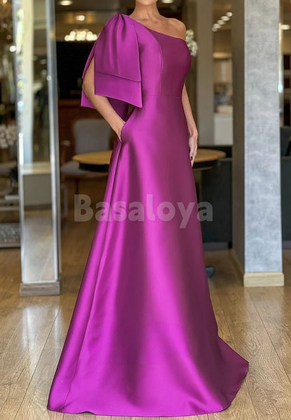 ED0063 Classic Red One Shoulder A-Line Evening Dress with Bow Formal Gown