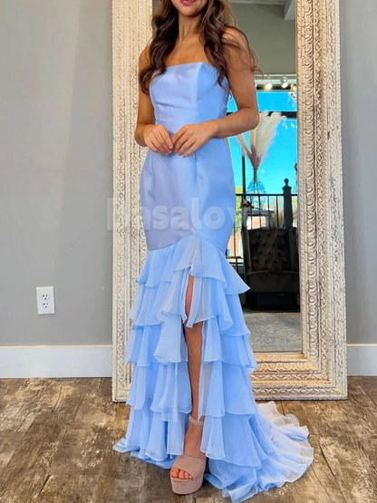 SP0199 Elegant Pink Tube Top Mermaid Tiered Prom Party Dress with Slit