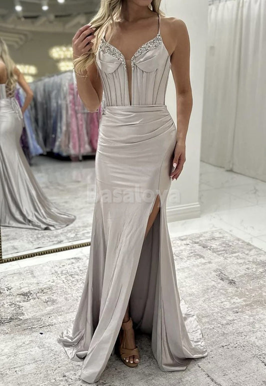 SP0100 Elegant Black Spaghetti Straps Sheath Beaded Prom Dress Formal Gown