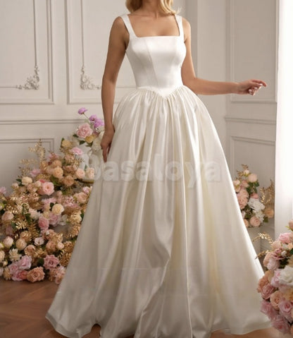 WD0035 Elegant Square Neck A-Line Pleated Floor-Length Wedding Gowns