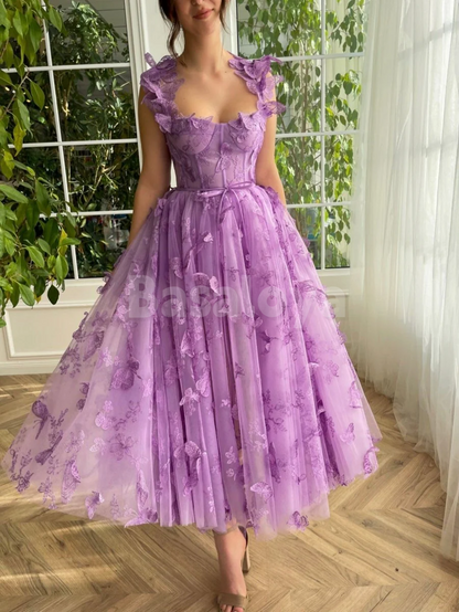 SP0150 Glamorous 3D Butterfly Lilac A-Line Sweetheart Lace Prom Dresses