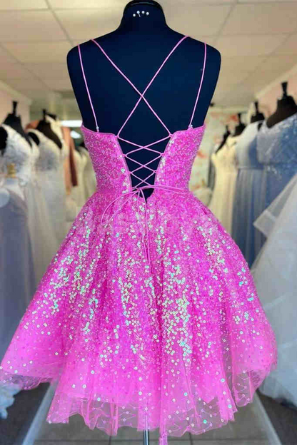 HM0141 Stunning Blue Spaghetti Straps A-Line Sequined Homecoming Gown